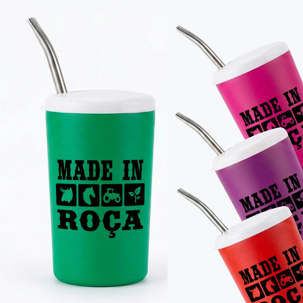 Kit Copo Térmico Tereré Com Bomba Aço Carbono Made In Roça