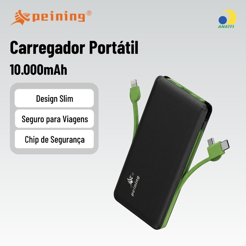 Carregador Portátil Peining Power Bank 10000mAh Turbo Com 3 Cabos Embutidos Selo Anatel WUP-956