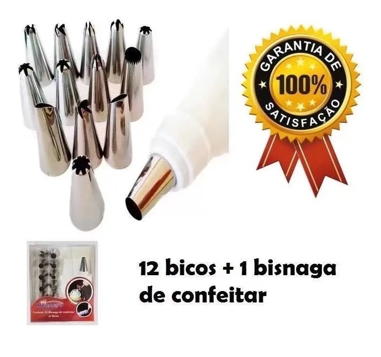 Saco de Confeiteiro Kit com 12 Bicos em Inox + adaptador