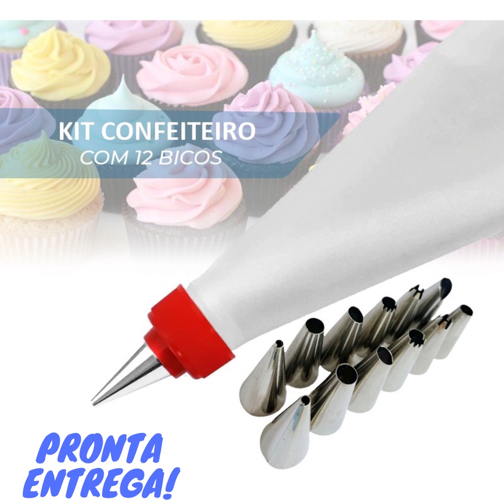 Kit confeiteiro saco 30cm reutilizável bolos tortas,  12 bicos aço inox 3cm