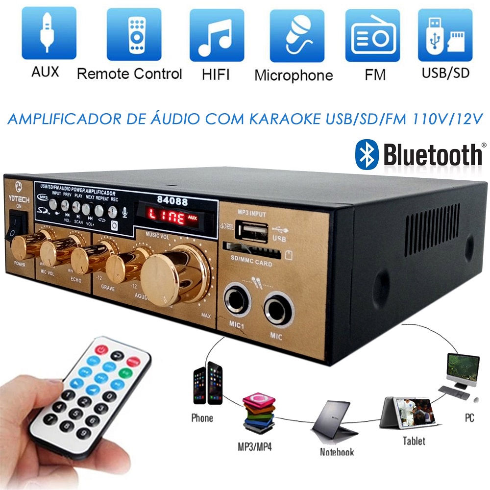 Mini Karaoke Amplificador Áudio Receiver 200w Bluetooth Escorrega o Preço