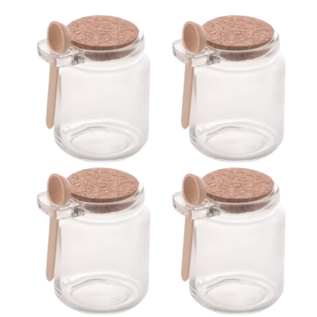 Kit 4 Potes De Vidro Porta Codimentos Com Colher De Madeira E Tampa Rolha 280ml