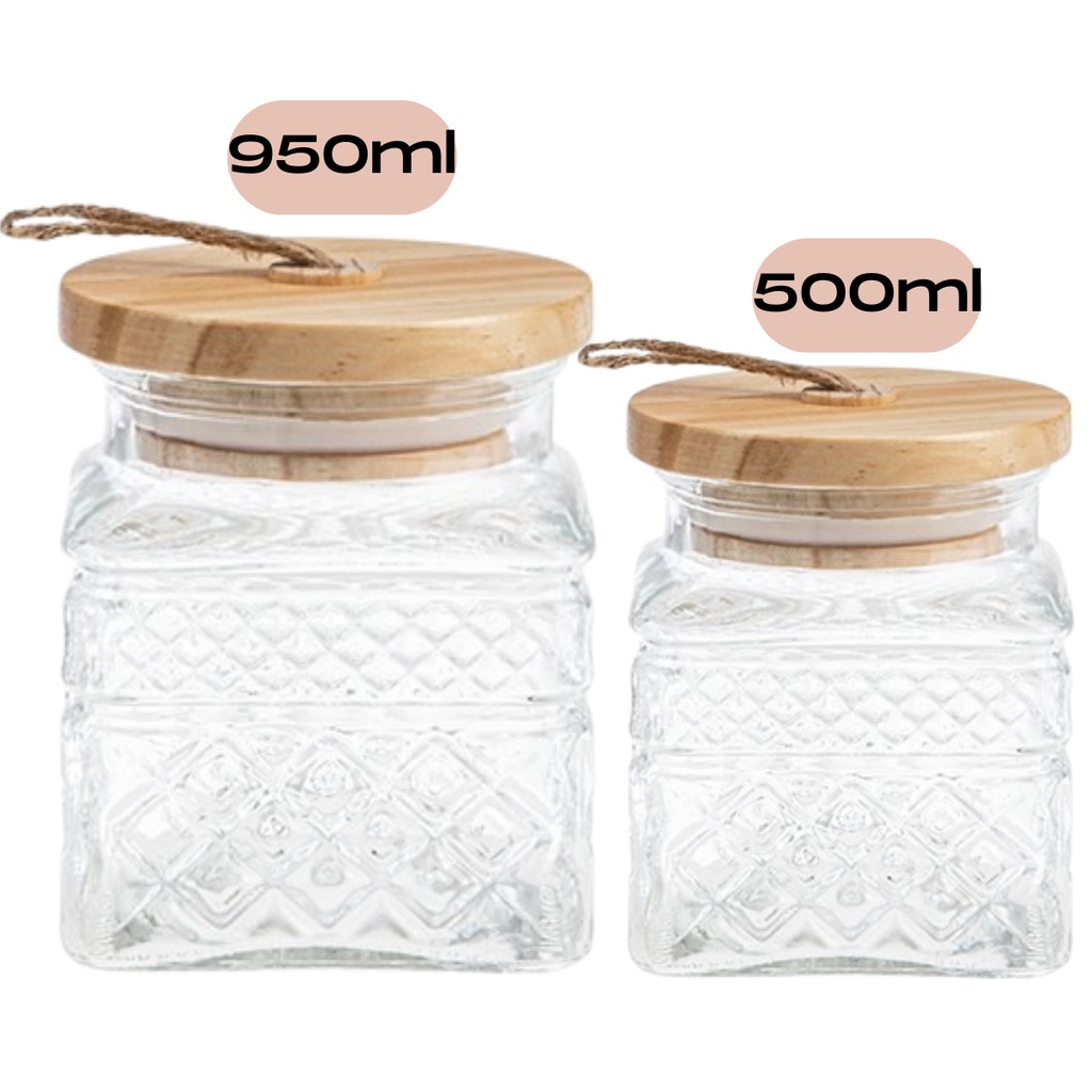 Kit 2 Potes Herméticos C/ Tampa Bambu de Vidro 950ml + 500ml