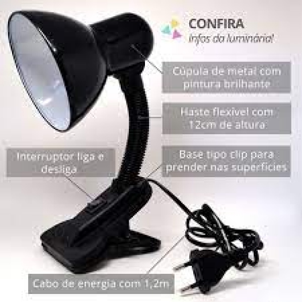 Luminária Abaju Mesa Garra Pregador Grampo Estante Bancada  Escritório Quarto Haste Flexível 110 e 220 vt