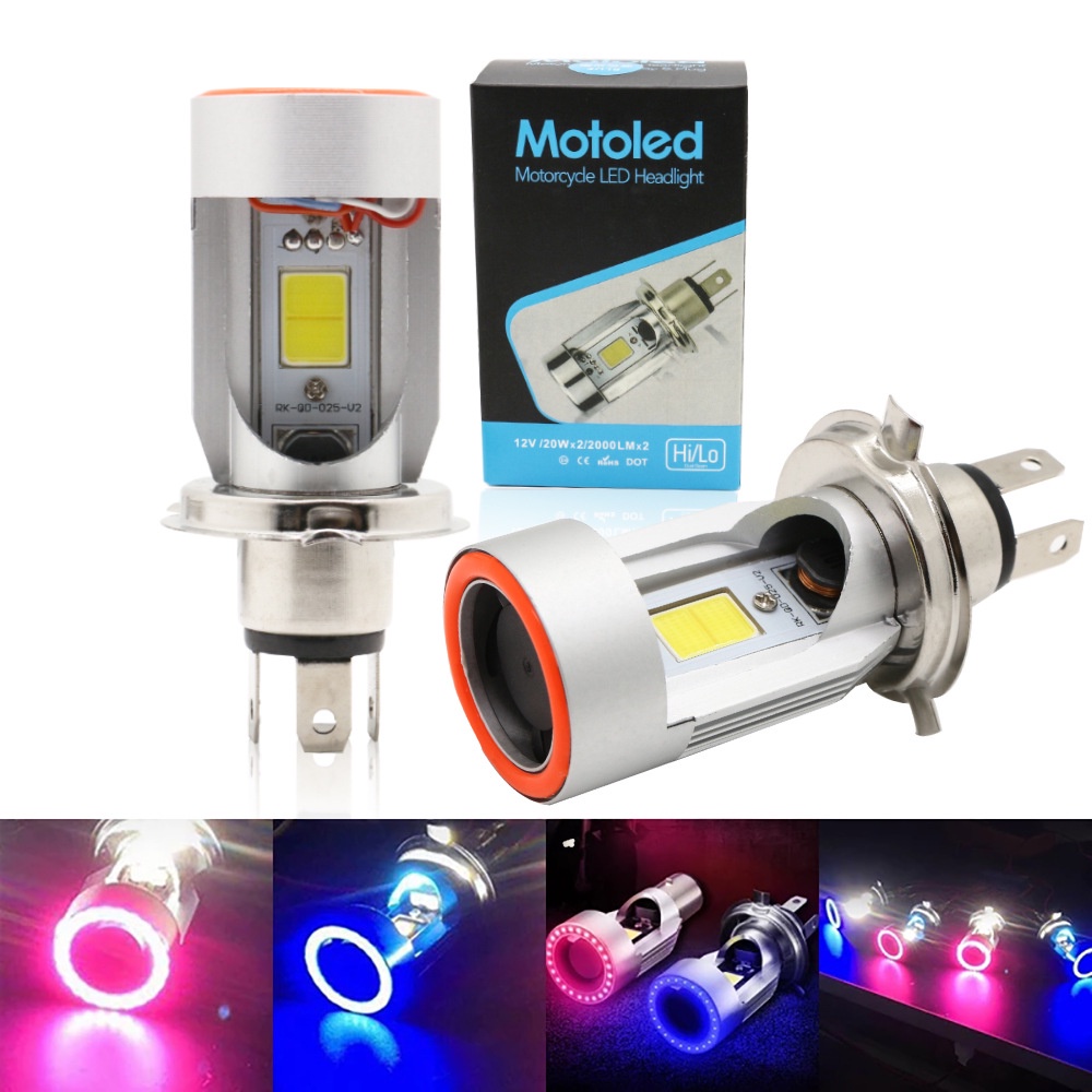 12/24V Blue/pink Angel Eye H4 LED Lâmpada De Cabeça De Motocicleta Hi-low Ba20d HS1 H6 Plug & play Scooter Acessórios DRL