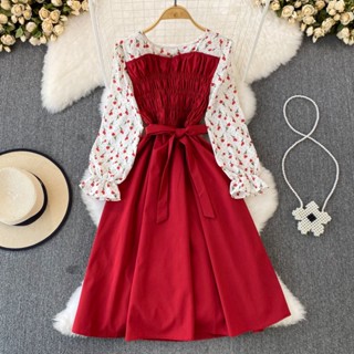 Primavera Outono Vintage Manga Comprida V-Neck Emendado Vestidos Florais Vestido De Cintura Fina De Comprimento Médio