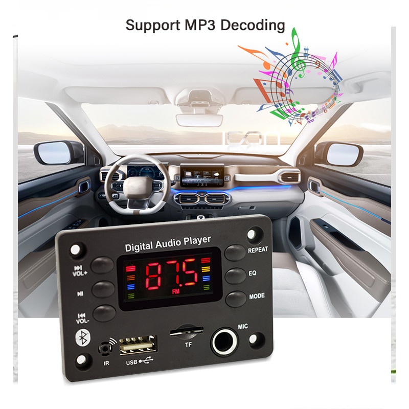 Placa de Decodificação Bluetooth 5.0 DC 5V 12V MP3 WMA WAV APE para Carro com Microfone Mãos-livres, Rádio FM, USB, TF,