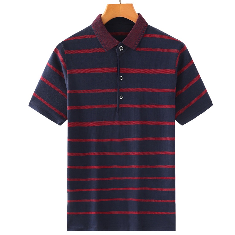 Camisa polo listrada de lapela, camisa polo de manga curta masculina pai verão de meia-idade masculina de manga curta so