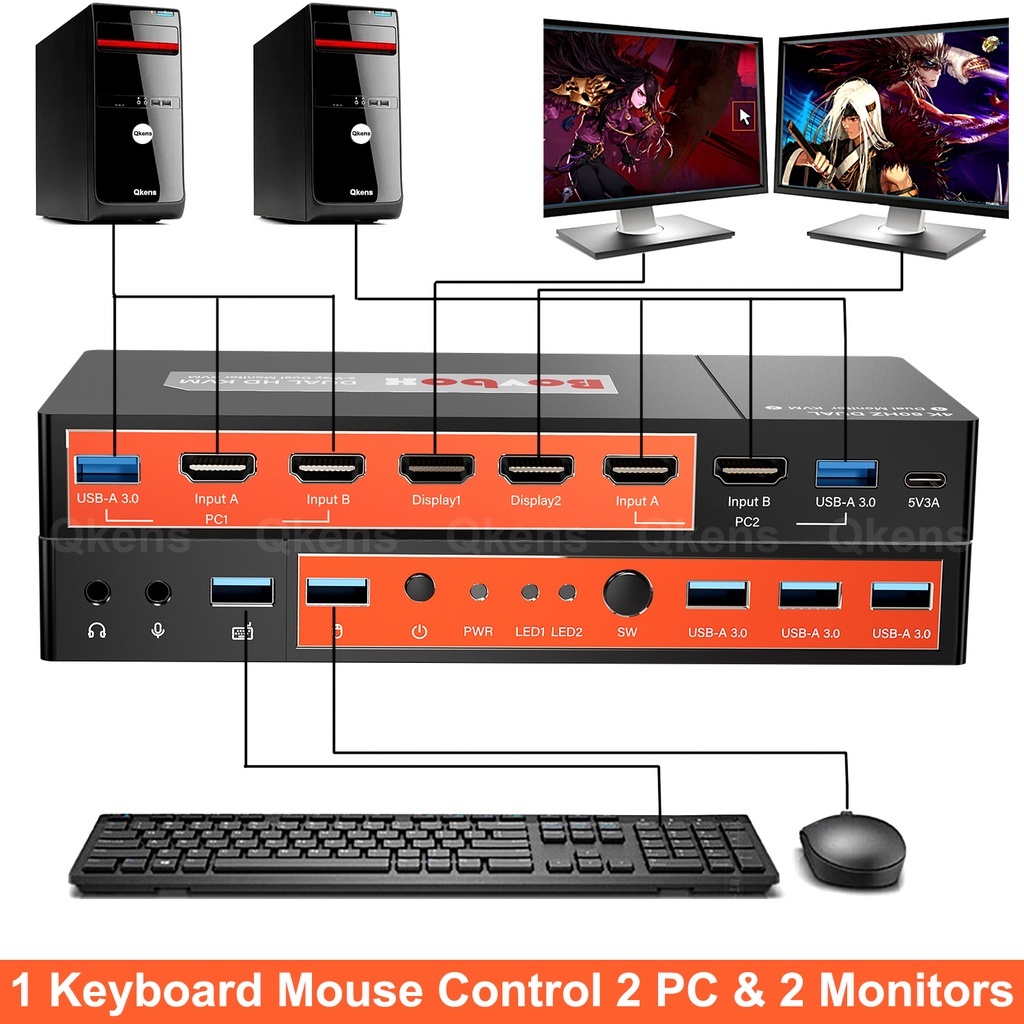 4K 60Hz HDMI KVM Switcher Box 2 PC Portátil E Monitor Duplo Compartilham Um Mouse De Teclado 3 USB 3.0 , 2 Monitores De Cópia Tela Estendida