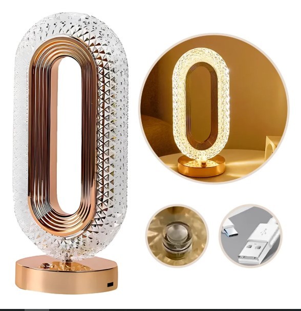 Luminária Retrô de Mesa Cristal Touch LED 3 Cores Recarregável