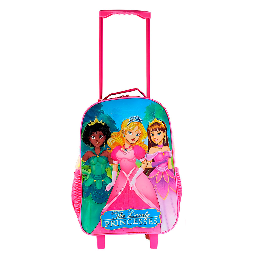 Conjunto Mochila Escolar Infantil Princesas de Rodinhas Pink