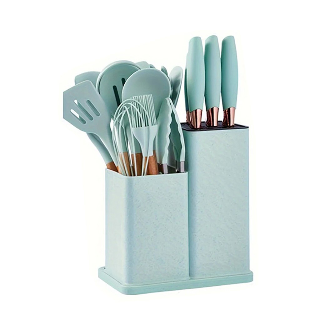 JS Kit 19 Utensílios De Cozinha Silicone Faca Tabua Verde