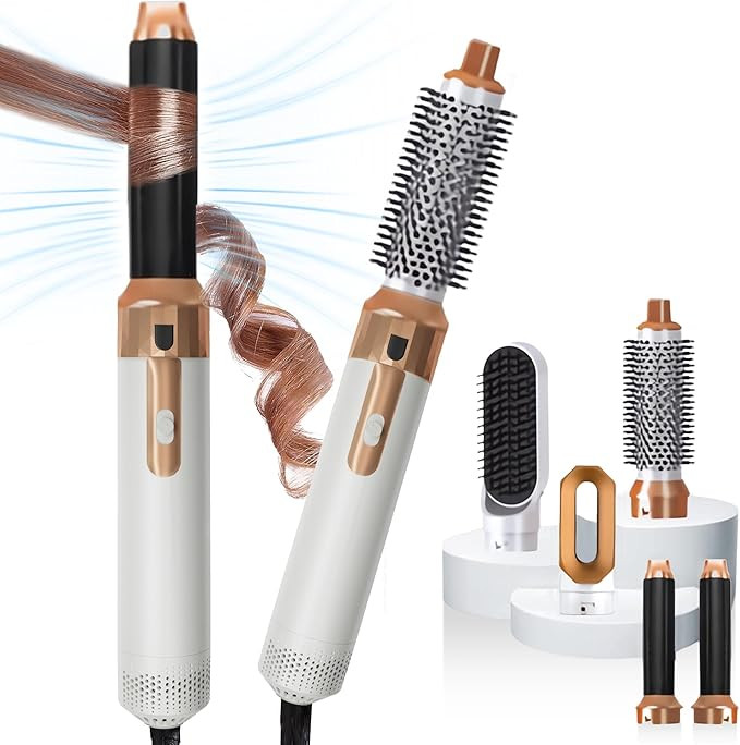Branco/Dourado - Escova Secador de Cabelo 5 em 1 Multifuncional