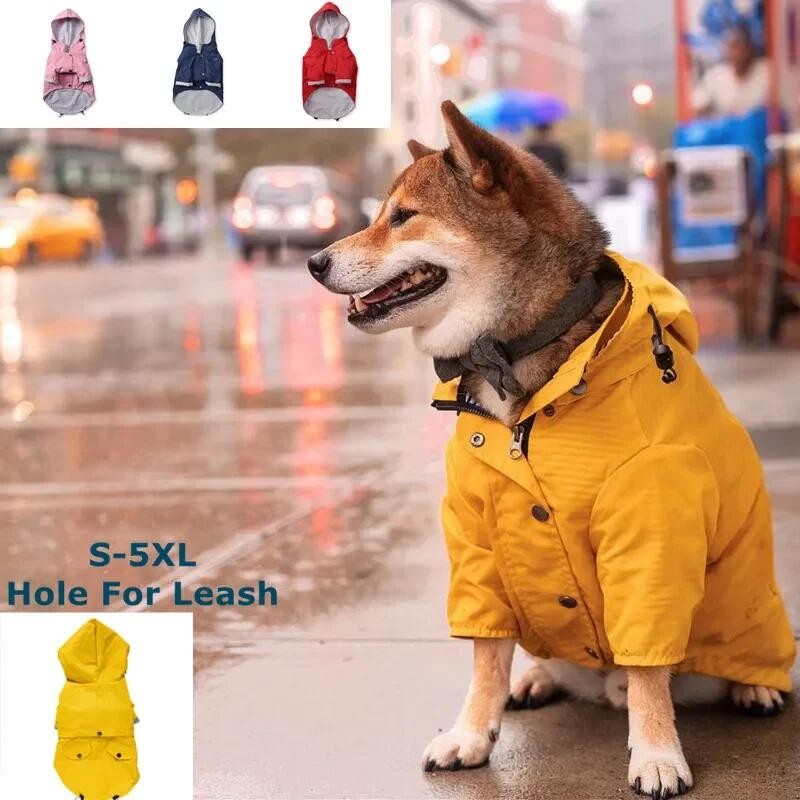 Capa De Chuva Com Zíper Para Cachorro Botões Reflexivos , Jaqueta Corta-Vento Animais De Estimação , Cães Grandes Capuz