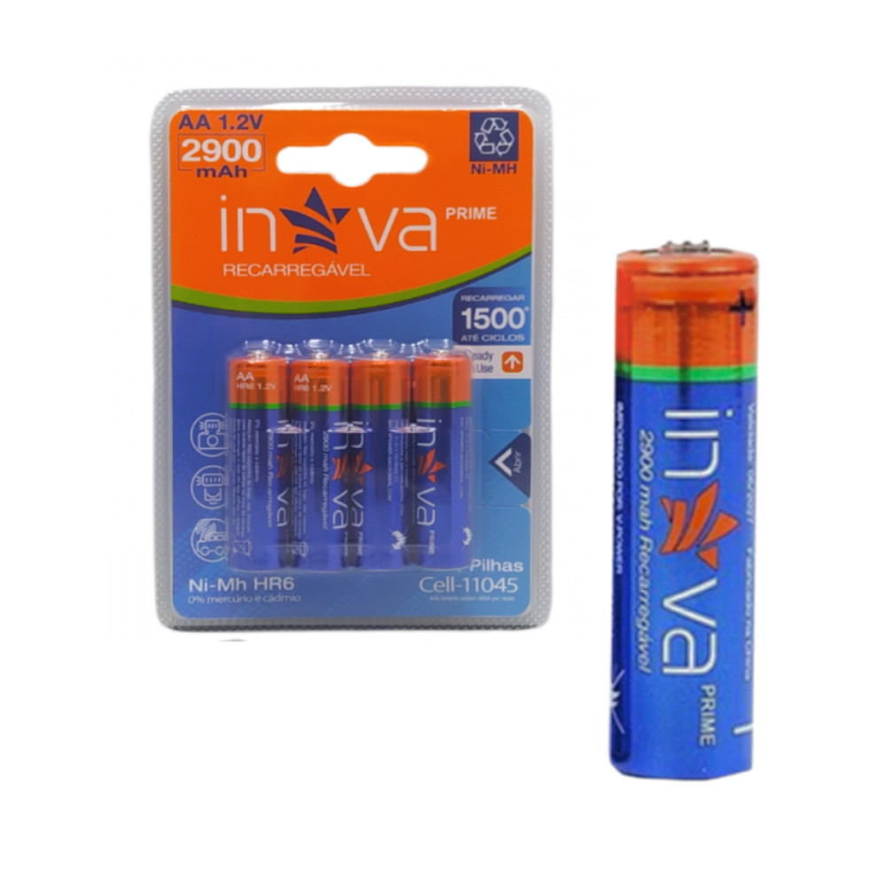 Cartela com 04 Pilhas recarregáveis AA 1.2V