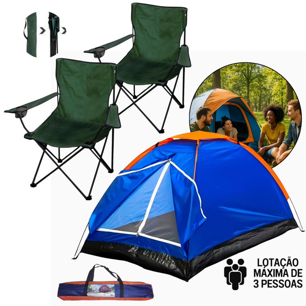Kit Cadeira De Pesca Dobrável Com Apoio De Braço Snel Camping + Barraca de Acampamento 2 Pessoas