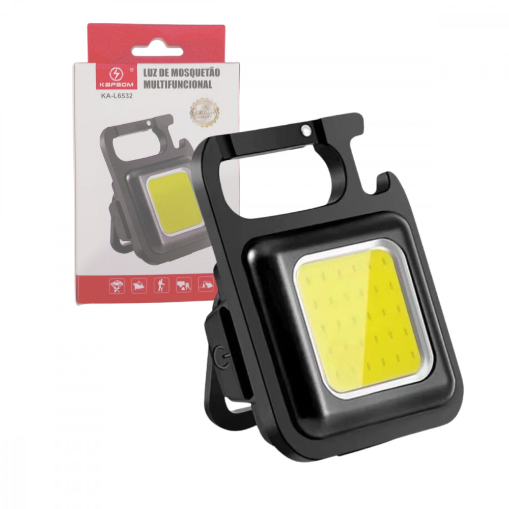 Mini Lanterna USB com Mosquetão e Abridor de Garrafas