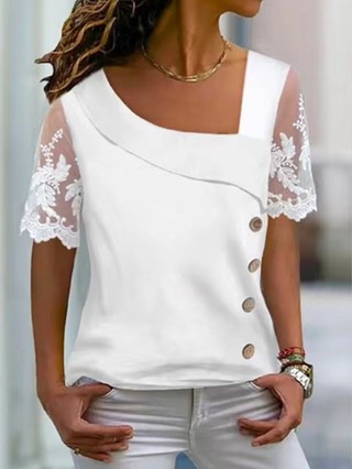 Moda Branca Renda Tops Manga Curta Camiseta Mulher 2023 Botões Casuais De Verão Escritório Top Femme