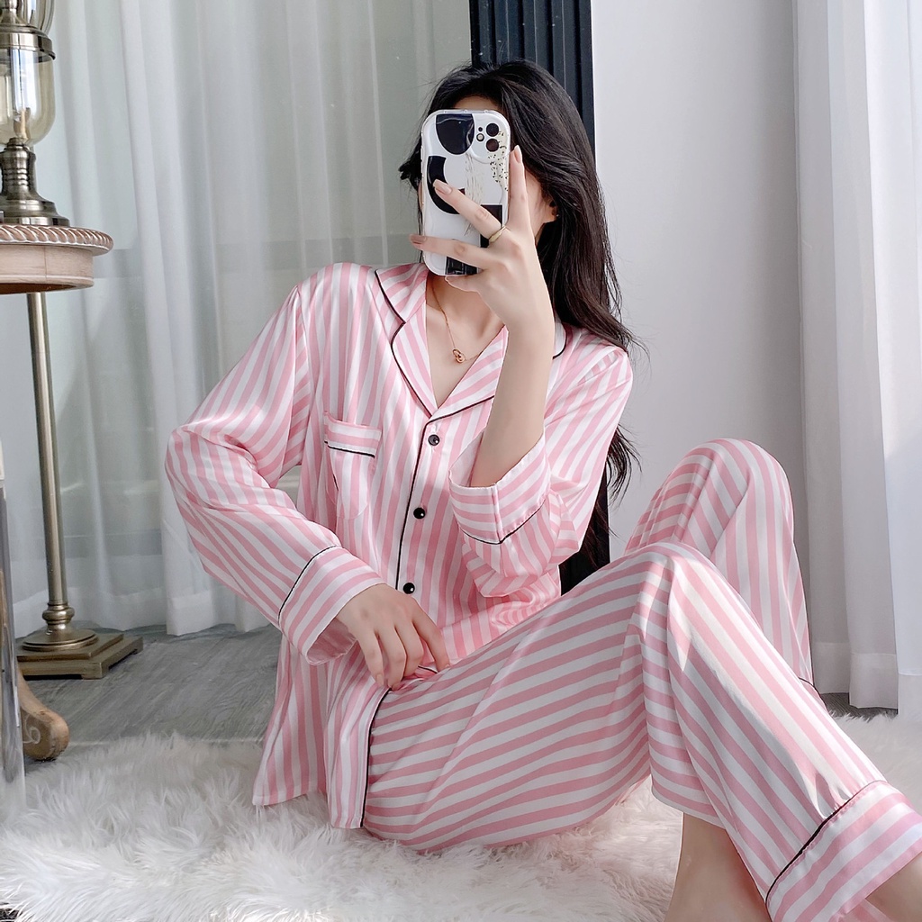 Conjunto De Pijama De Manga Comprida Feminino Cardigan Moda Coreana Estampa Listrada Seda Gelo Roupa Externa Estilo Fino