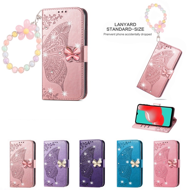 Capa De Couro Para Samsung A07 A17 A26 A16 A55 A15 A06 A36 A56 A25 A24 A06 A53 5G 4G Carteira Glitter Diamante Borboleta