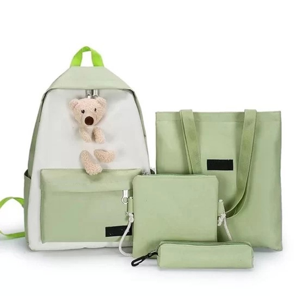 Kit Mochila Ursinho 4 em 1 Multifuncional Impermeável Necessaire Estojo Bolsa Maternidade Mamãe Bebe Cor Verde claro