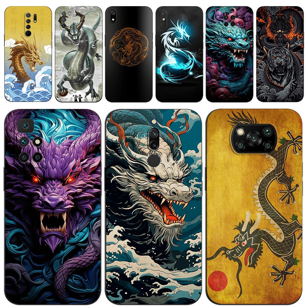 Estojo Para xiaomi Redmi Nota 8 8T PRO NTOT 8 2021 Capa Do Telefone Traseiro Soft Silicon black tpu Cool Chinese Dragon