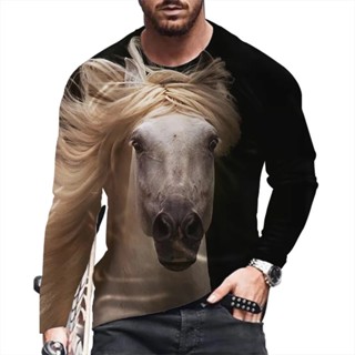 Gallant Horse 3D Animal Print T-shirt Camiseta De Outono De Manga Comprida De Pescoço Redondo Para Homens Casual Pullover Trend Men Clothing