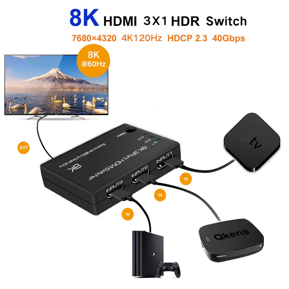 8K 60Hz HDMI Switch 3x1 HDR 2.1 Switcher 3 Em 1 Hub Seletor De Saída 4K 120Hz Com Controle Remoto IR Para Xbox Laptop PC PS5 TV HDTV