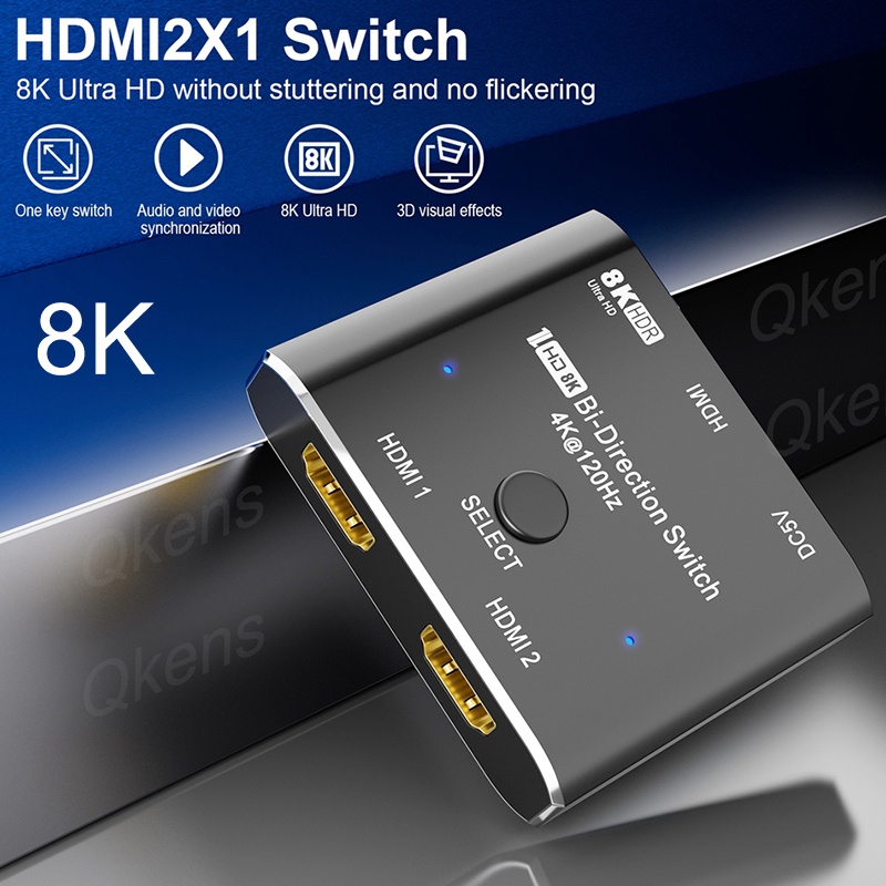 Switcher HDMI 2.1 2 Em 1 Saída 3D HDR 1080P 8K @ 60Hz 4K 120Hz 2X1 Switch Bidirecional De Duas Vias Para Projetor De TV PS4 PC