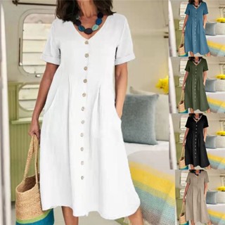 2023 Primavera Verão Novo Estilo Verão Novo Estilo Cor Sólida Solta Algodão Cintura Alta Vestido de Linho Feminino
