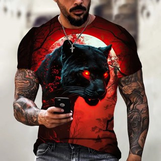 Camiseta Padrão Animal Tigre Em 3D Estampada Moda Pantera Preta , Roupas Masculinas De Manga Curta De Tamanho Superior