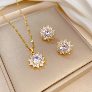 Pingente Girassol De Aço Titânio Colares De Corrente De Clavícula Para Mulheres Brincos De Luxo 925 Agulha De Prata Zircon Stud Earrings