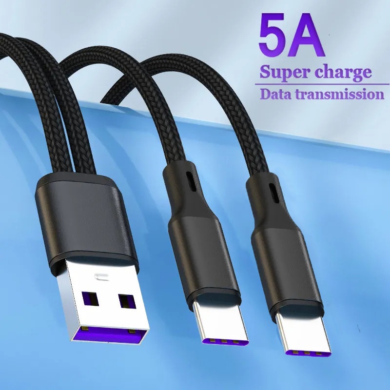 2 Em 1 Type C Cabo Carregador De Telefone Y Splitter 5A De Carregamento Rápido De Carga De Dispositivos