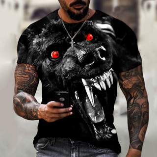 Camiseta De Manga Curta Da Moda street O-neck top Besta E Lobo 3D Estampada Série Preta Nova Verão Masculina De Tamanho Exagerado