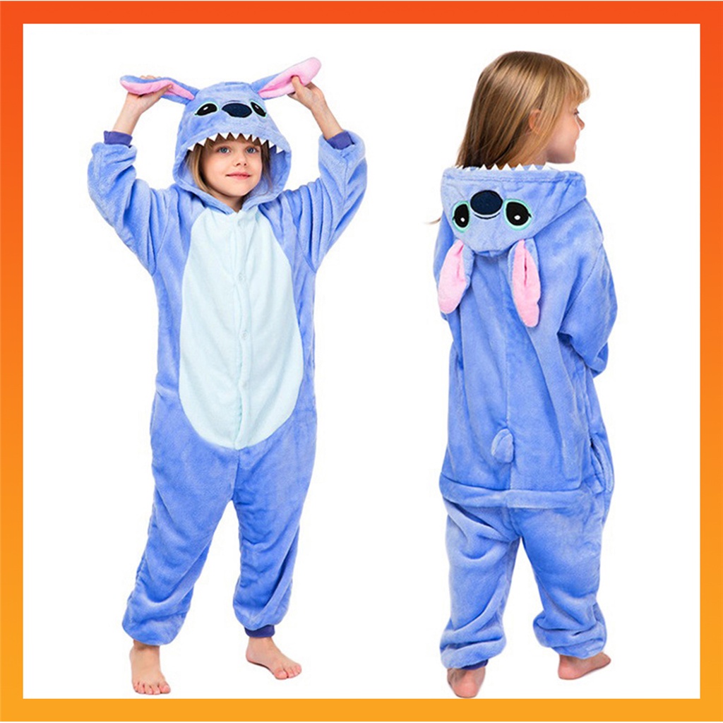 2024 Meninas Meninos Desenho Animado Blue Stitch Sleepwear Dinossauro Onesies Flanela Anim...