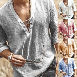 (ONDE) Novo Estilo Camiseta masculina casual de algodão, manga comprida, blusa solta com gola em v, top de verão novo