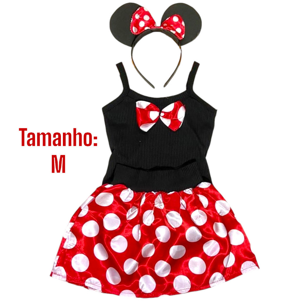 Fantasia Infantil Vestido Minnie Minie vermelha com Arquinho e Tiara Carnaval Festa Divertida