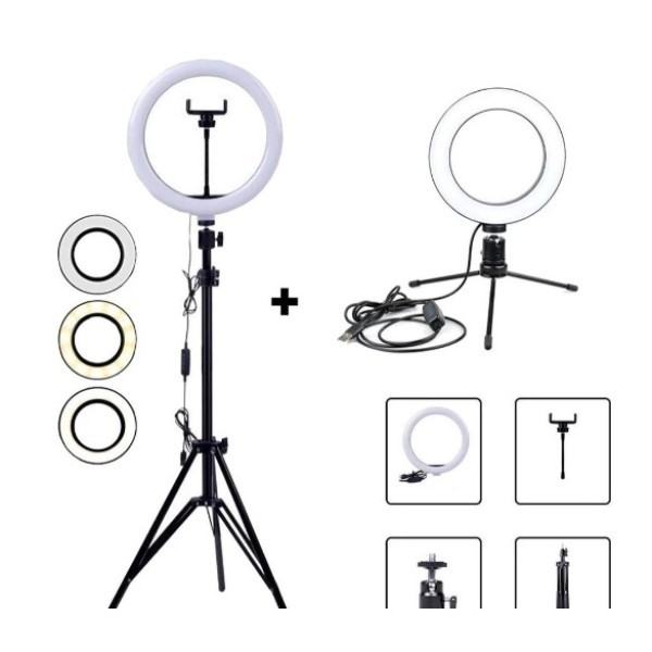 Kit 1uni Ring Light 10 Pol e 1uni 6 pol + 1 Tripé De Mesa e 1 tripé 2 metros + Suporte Celular