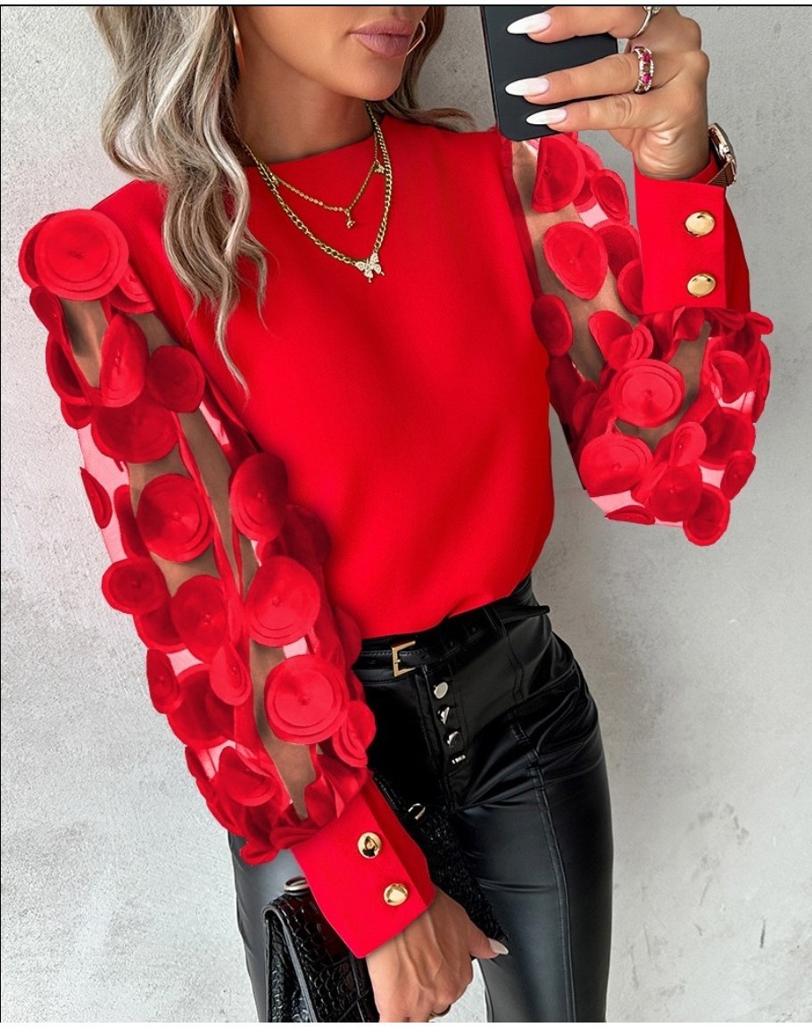Camisa de Manga Longa de Outono Camisa de Manga Redonda de Pescoço Petal Camisa de Moda Feminina Camisa de Costura em Renda Roupa Feminina