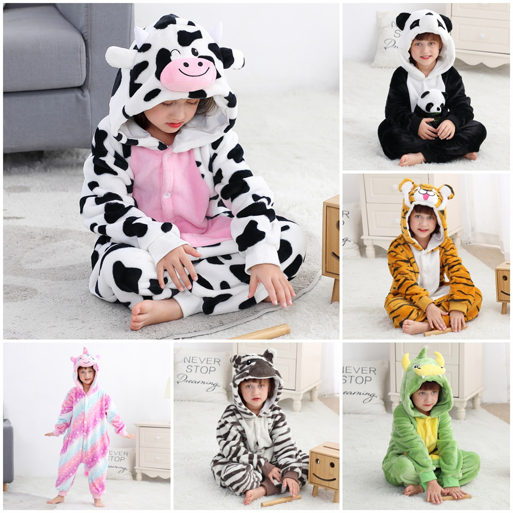 O Mais Novo Kigurumi Vaca Panda Cartoon Onesies Autumn Winter Kids Crianças Flanela Manga Longa Animal Jumpsuit Pijamas Meninas Meninos Cosplay Fantasias