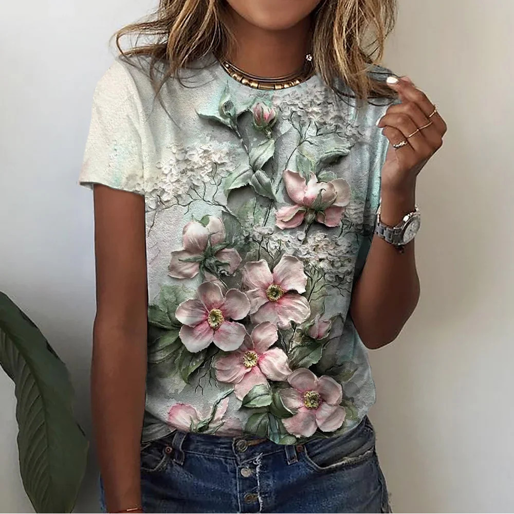 Moda Feminina Camisa Floral Gráfica Harajuku Vestuário O-neck Pullover 3D Impressão Tês De Manga Curta Loose Streetwear