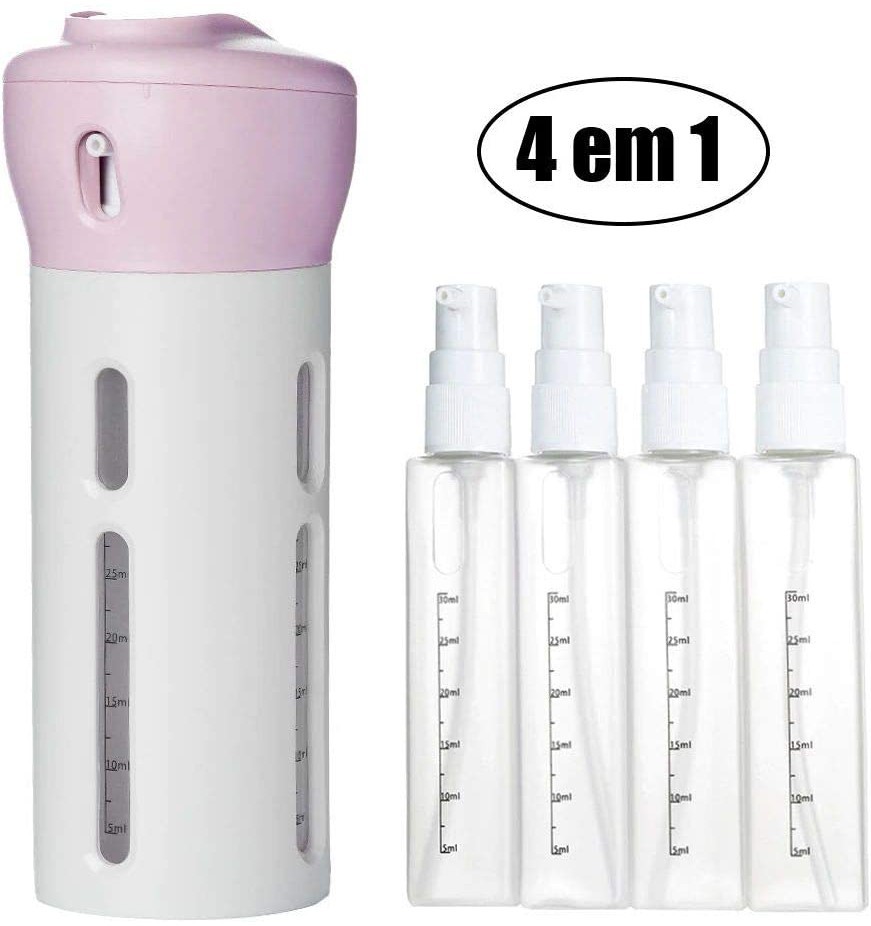 Dispenser 4X1 Pote Viagem Mala Shampoo Líquido Sabonete ROSA
