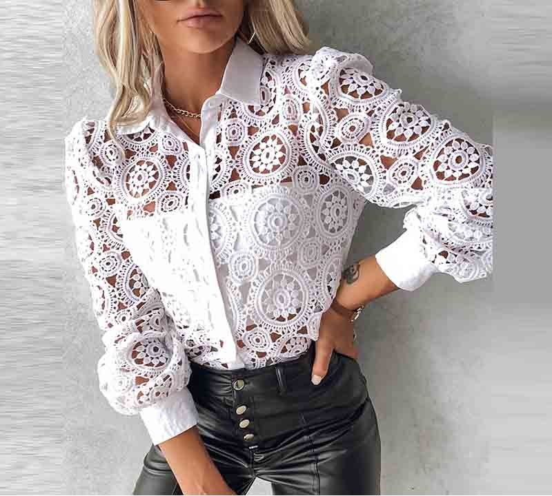 Camisa de Moda Feminina Camisa de Renda Elegante Escritório Camisa Branca Manga Longa Botão Lapela Sexy Top Oco