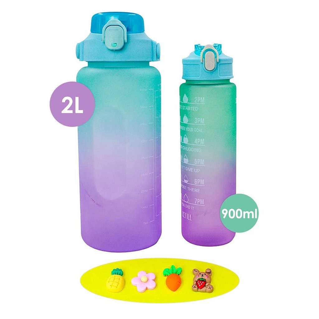 JS Kit Garrafa de Agua Galão 2L e 900ml Canudo Figurinhas Verde