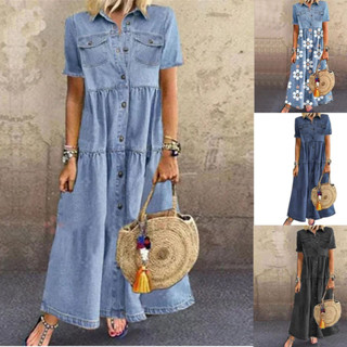 2024 Novo Estilo de Vestido de Ganga Estilo Denim Longo Multi-Button Distressed Dress em Oferta na Shopee