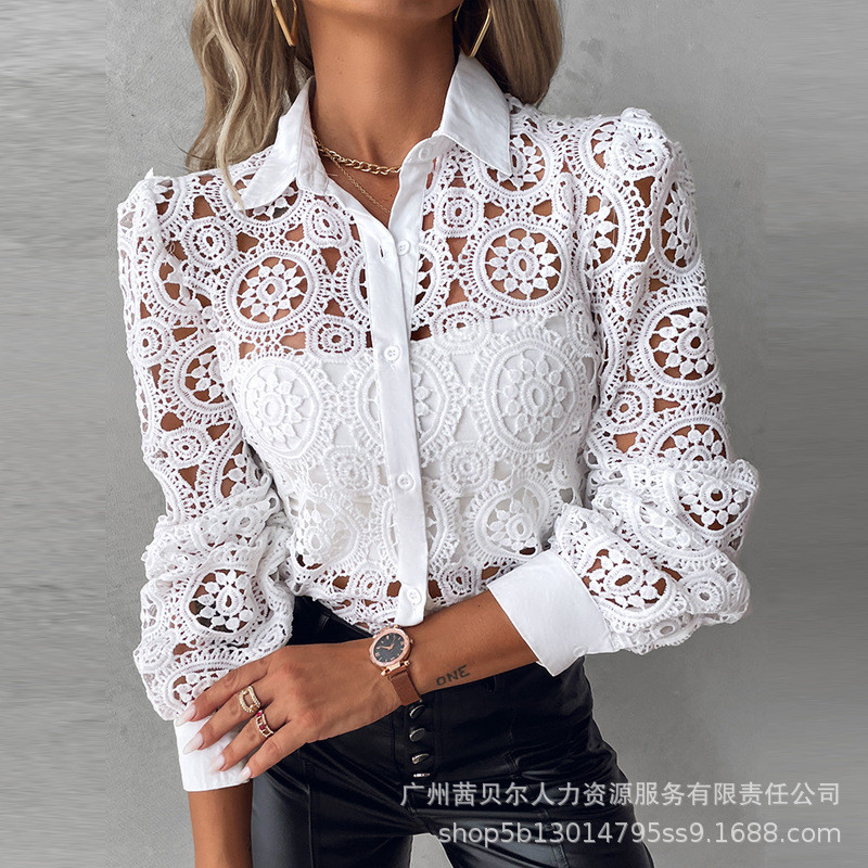 Nova Camisa de Renda Camisa Branca Top Elegante Roupa Feminina Elegante 2024 Camisa de Escritório Primavera Outono