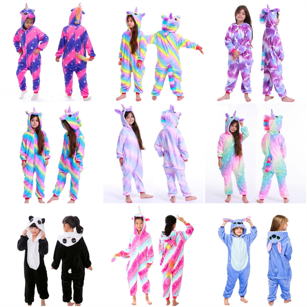 2024 Meninas Meninos Inverno Unicórnio Panda Cartoon Anime Animal Pijamas Onesies Criança Roupa Do Sono Flanela Jumpsuit