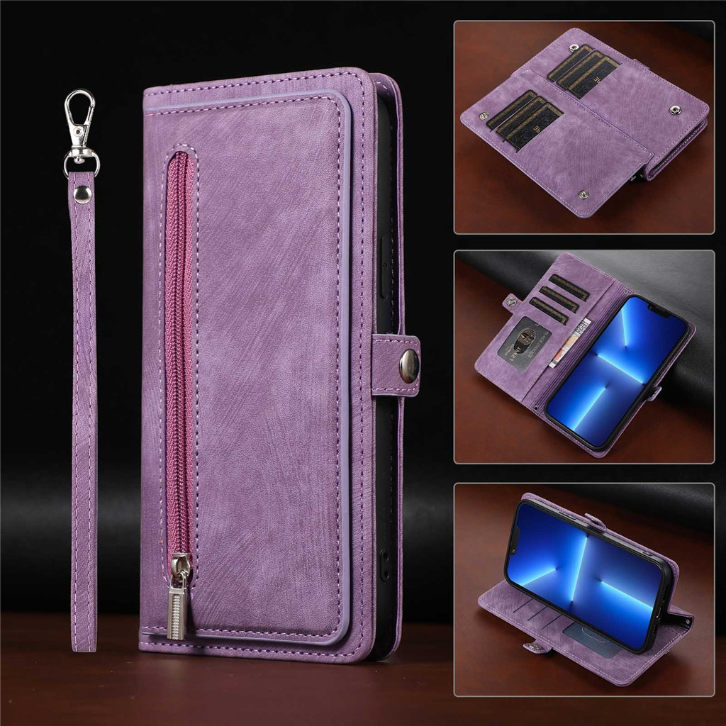 Capa Flip Com Zíper Para Samsung Galaxy A08 A07 A06 A18 A17 A16 A15 A14 A27 A57 A37 A56 A36 A26 A54 A55 Porta-Cartões Mu