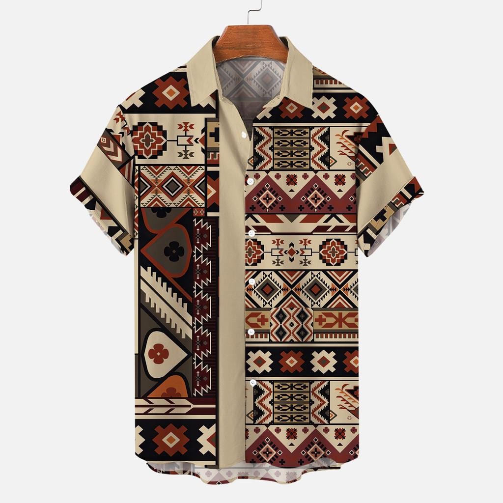 Camisa Barong Masculina Retrô Para Roupas Masculinas Listrada Étnica Estampada Tops Casual Verão Manga Curta 09