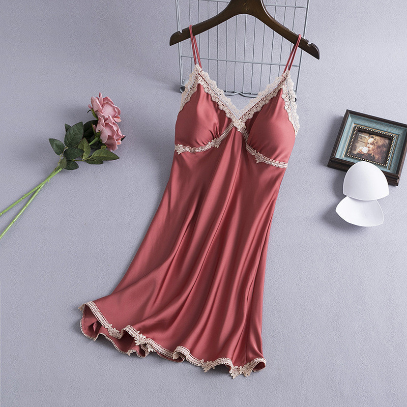2024 Novo Com Peito Pad Mulher Camisa De Noite Lace Sexy Sleepwear em Oferta na Shopee